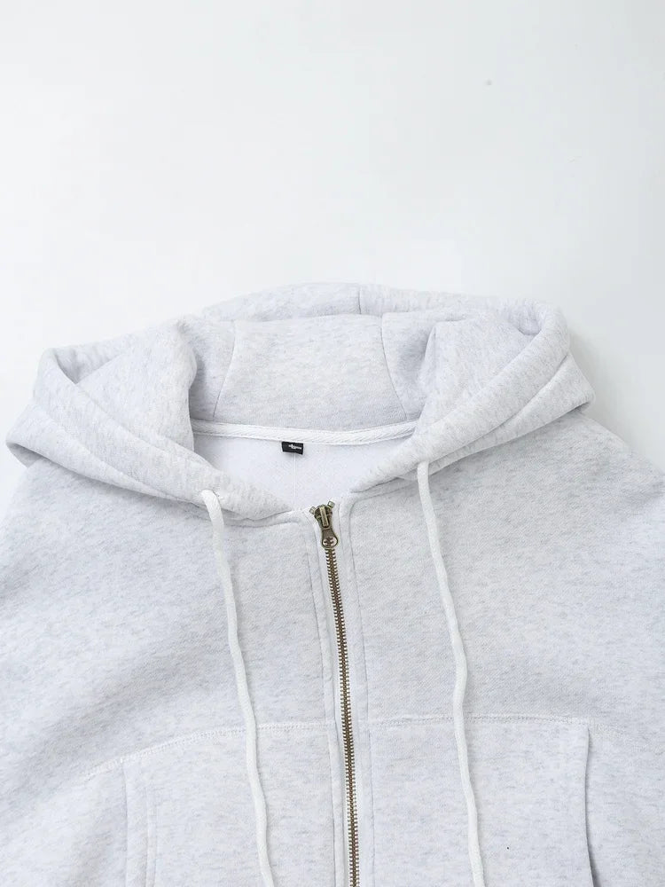 TRAF 2024 Spring Female Casual Hoodies Zipper Coats+Elastic Waist Baggy Pants 2 Pieces Set Elegant Loose Solid Pink Grey Pants - Evallys.com