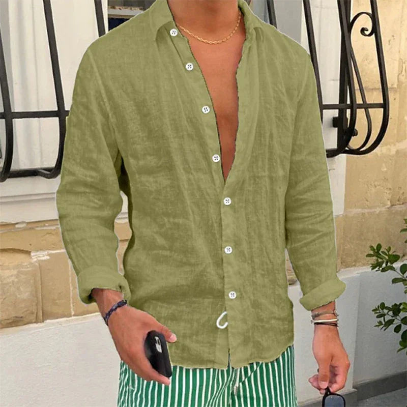 Spring New Casual Linen Shirts Mens Long Sleeve Button-up Turn-down Collar Shirt Seaside Beach Vintage Men Solid Color Cardigans - Evallys.com