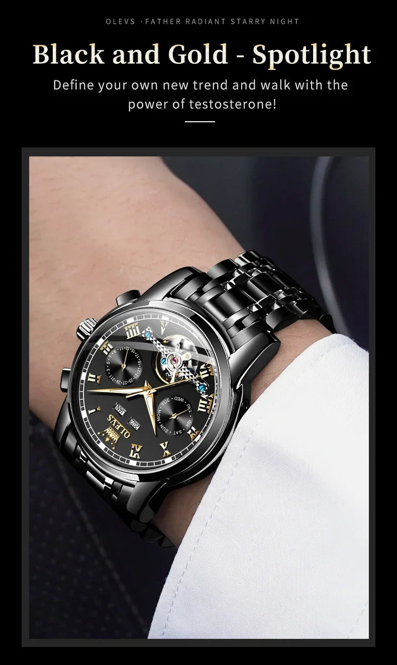 OLEVS Men's Watches Automatic Mechanical Business Wristwatch Waterproof Stainless Steel Strap Watch for Man Skeleton Calendar - Evallys.com