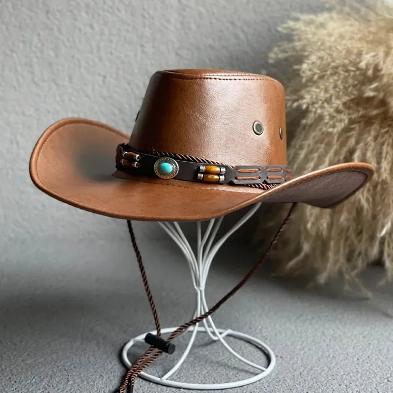 Faux Leather Cowboy Hat – Vintage Unisex Western Jazz Dress Cap - Evallys.com