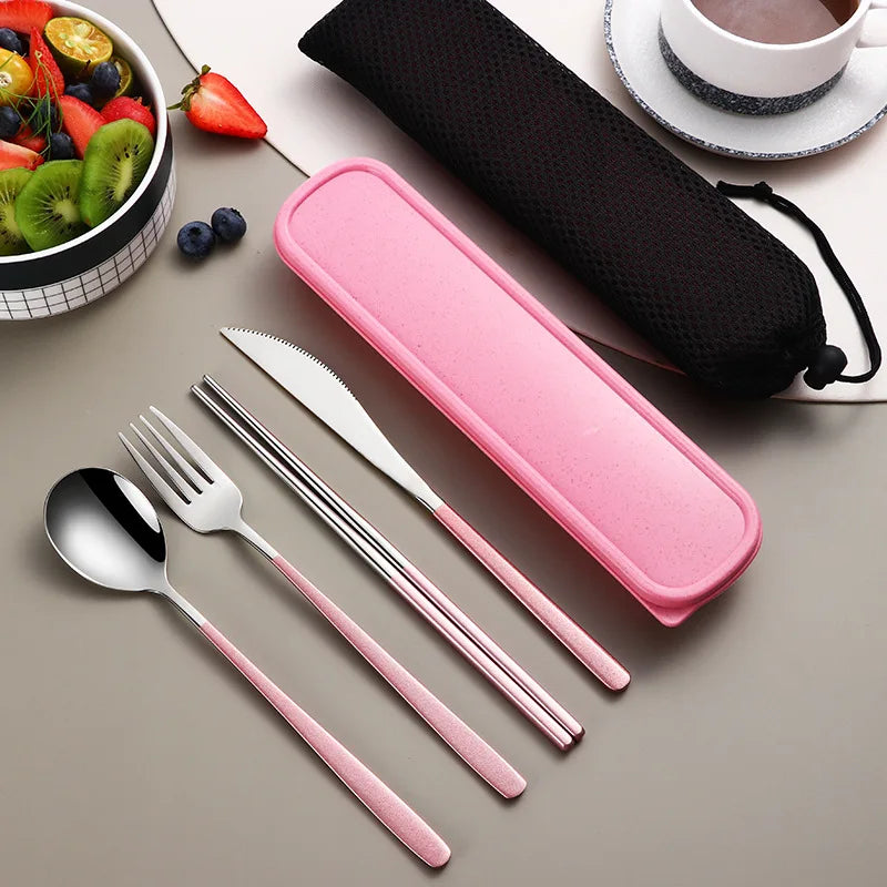 Portable Cutlery Set for Camping & Travel 4pcs Stainless Steel Knife, Fork, Spoon Kit with Storage Box