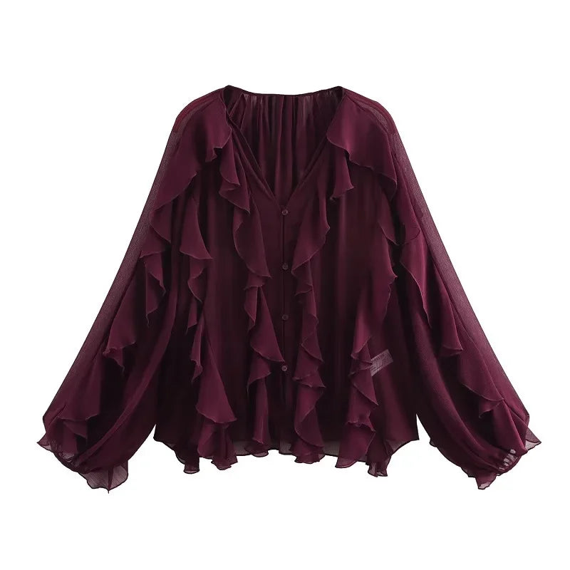 MUJER Ruffle Blouse – Semi Sheer Chiffon Fairy Shirt for Women 2025 - Evallys.com