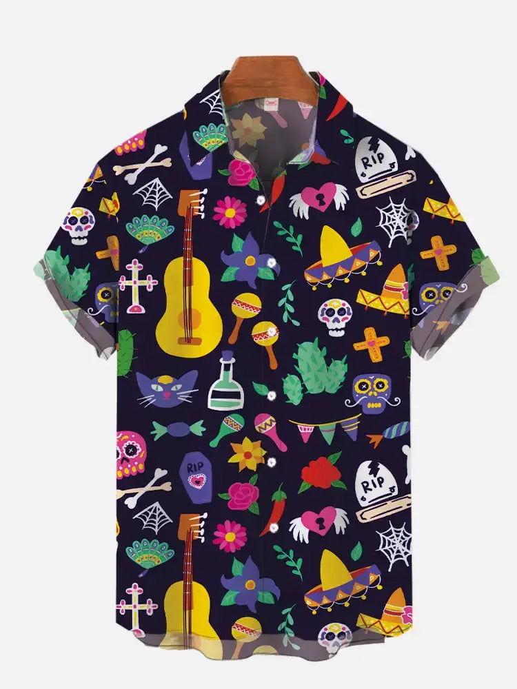2024 Fashion Men's Hawaiian shirts Mexican Style Colorful Graffiti Art Poster Prints Short Sleeve Shirt Hawaii style clothing - Evallys.com