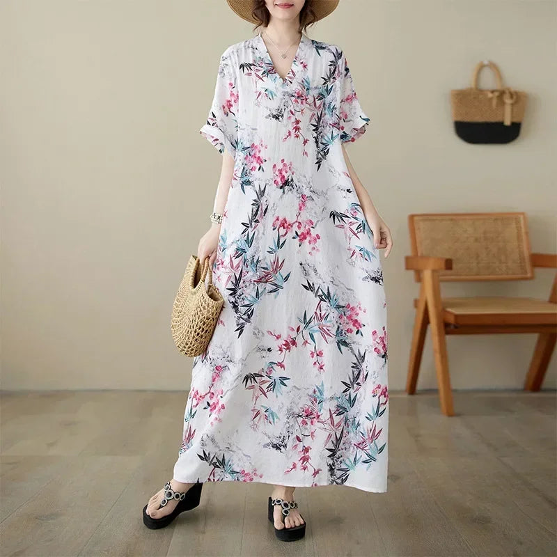 Vintage Cotton Summer Maxi Dress – Harajuku Floral Beachwear - Evallys.com