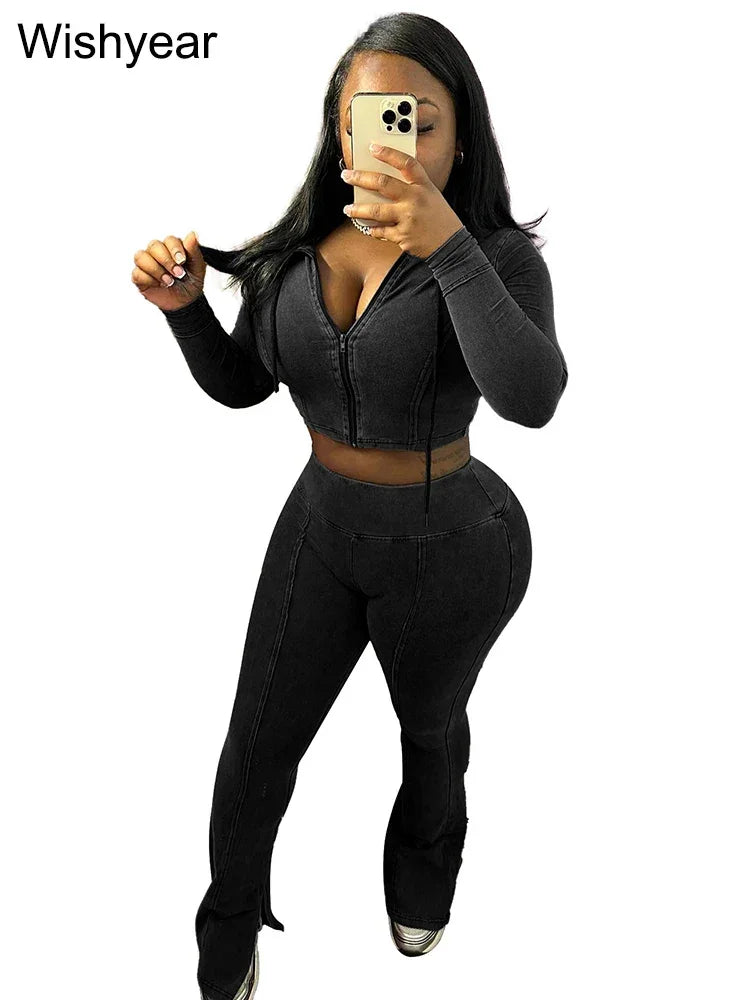 Sportswear Wash Retro Two 2 Piece Pants Set Sales Fall Winter Women Hoodies Jacket and Flared Trousers Suit Athletic Pink Outfit - Evallys.com