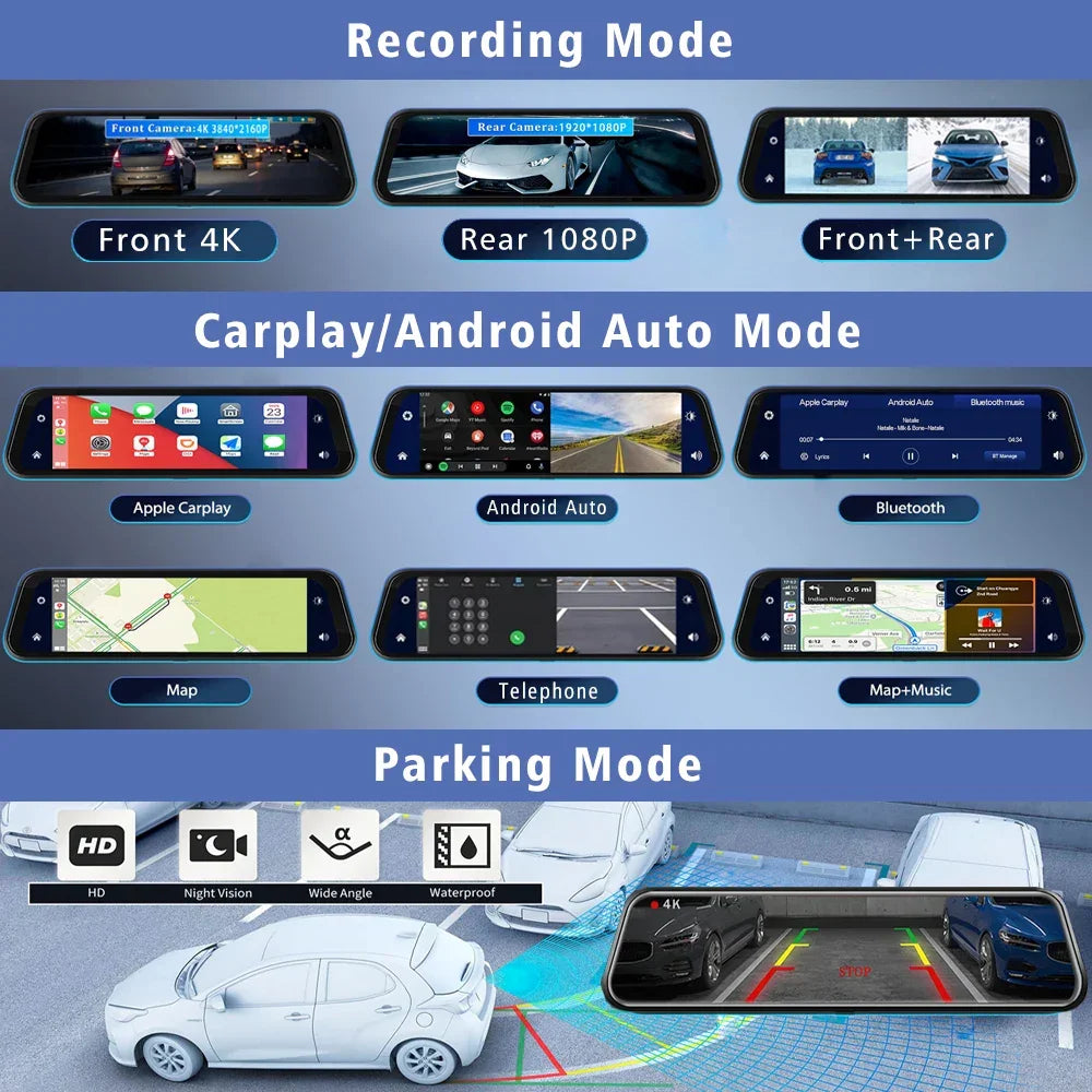 10" Dash Cam 4K 3840*2160P Car Dvr Carplay Android Auto GPS 5G WIFI AUX Stream RearView Mirror Dashcam Camera Drive Recorder FM - Evallys.com