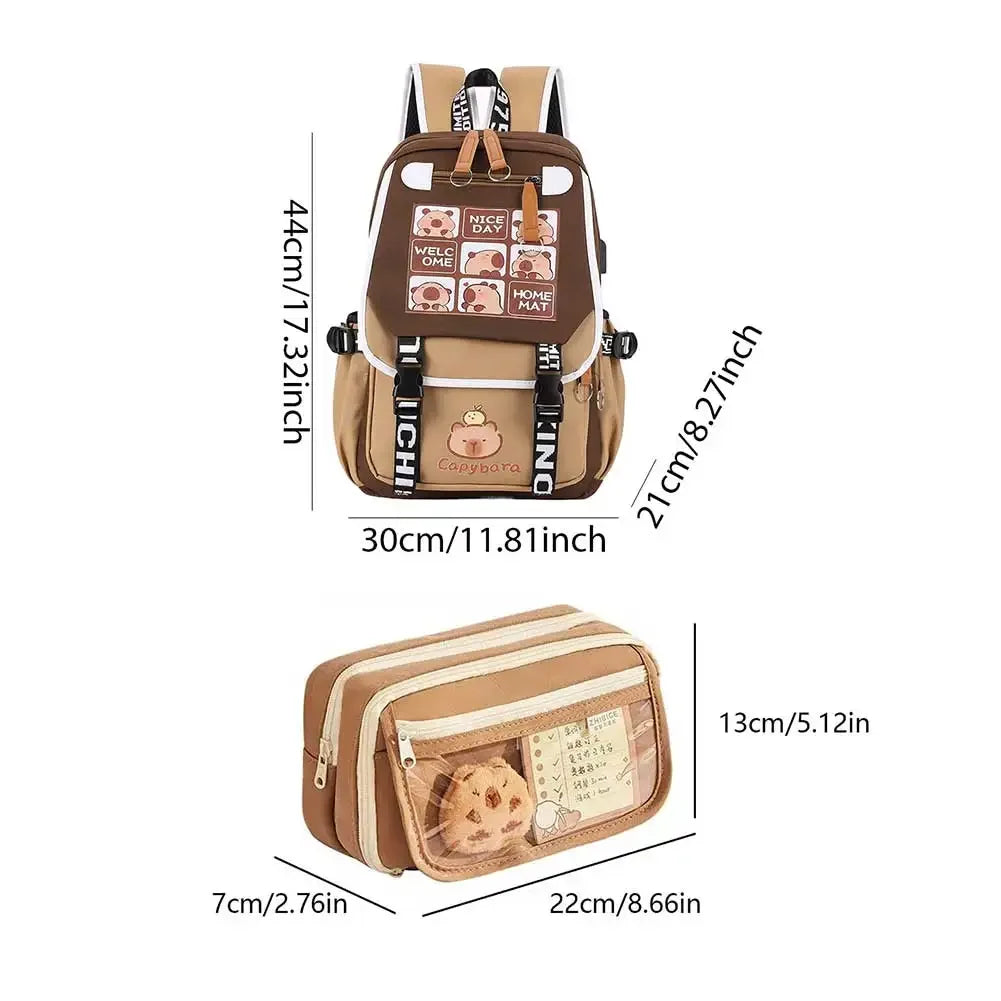 Cartoon Capybara Backpack with Pencil Case Cute Kawaii Backpack Large Laptop Backpack Aesthetic Rucksack for Kids Girls Boys - Evallys.com