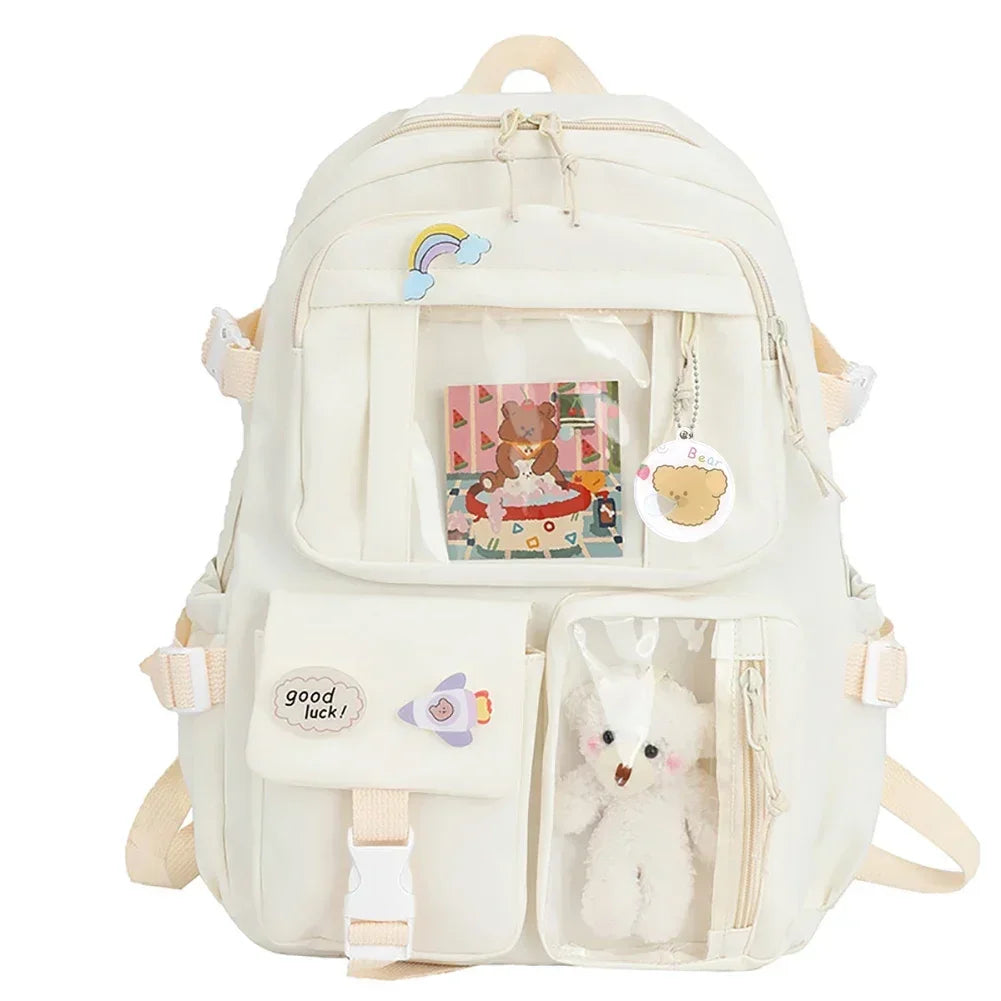 Student Schoolbag Nylon College Student Rucksack with Plush Pendant Pin Cute Kawaii Large Capacity Japanese Style for Teen Girls - Evallys.com