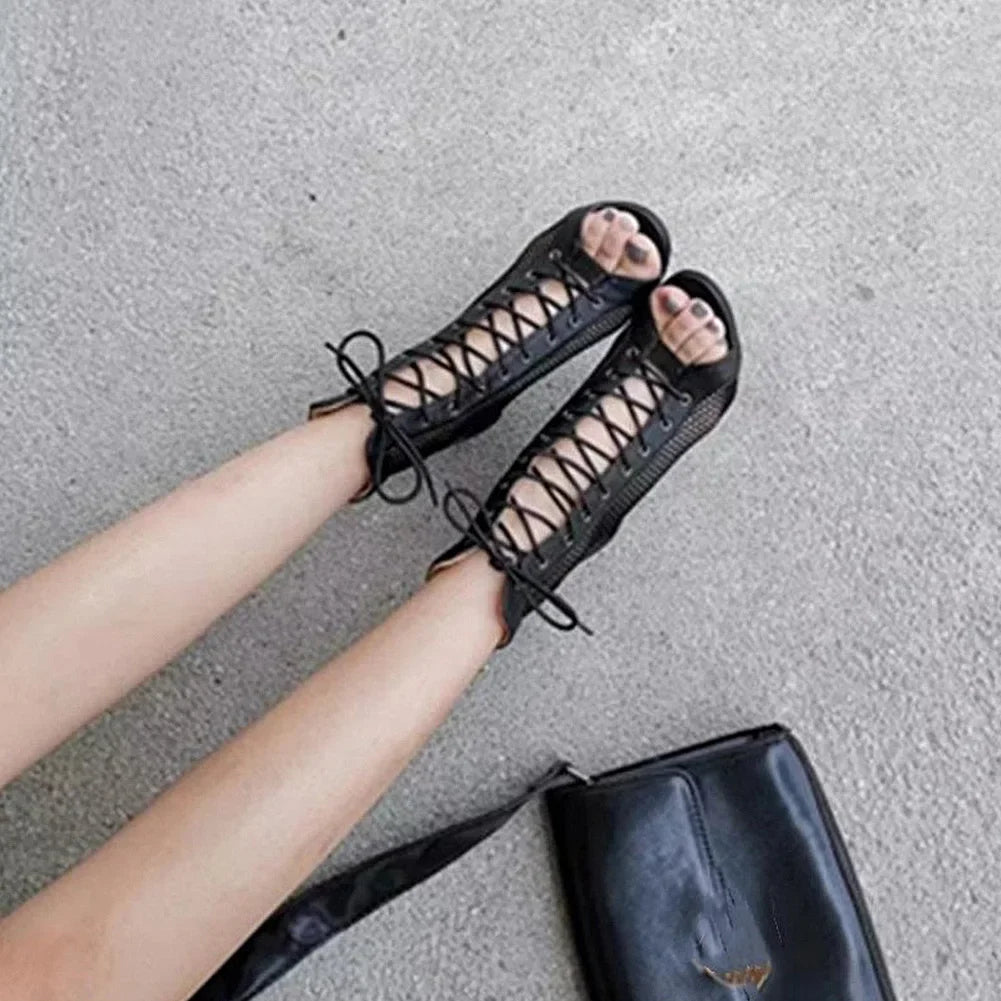 Women Mesh Sandals Breathable High Top Sandals Peep Toe Dance Shoes High Heel Summer Booties for Ballroom - Evallys.com