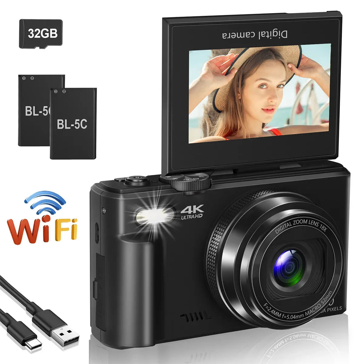 4K compact digital photography camera, 18x digital zoom, vintage vlog video recorder for YouTube, 180° flip screen, WiFi webcam - Evallys.com