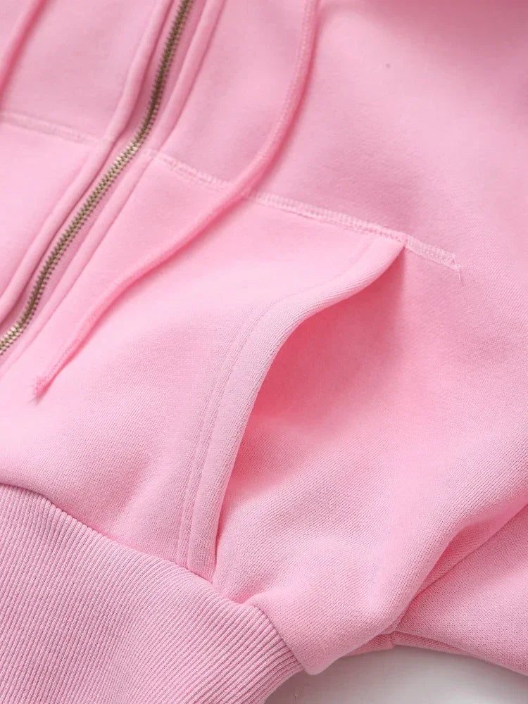 TRAF 2024 Spring Female Casual Hoodies Zipper Coats+Elastic Waist Baggy Pants 2 Pieces Set Elegant Loose Solid Pink Grey Pants - Evallys.com