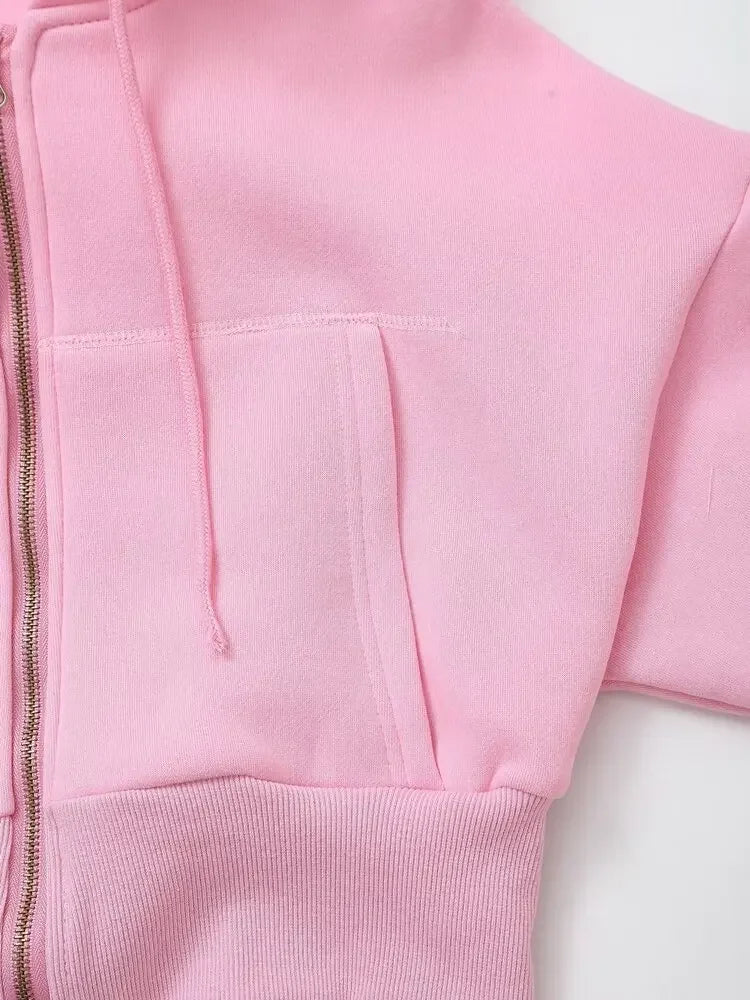 TRAF 2024 Spring Female Casual Hoodies Zipper Coats+Elastic Waist Baggy Pants 2 Pieces Set Elegant Loose Solid Pink Grey Pants - Evallys.com