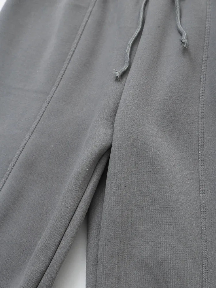 TRAF 2024 Spring Female Casual Hoodies Zipper Coats+Elastic Waist Baggy Pants 2 Pieces Set Elegant Loose Solid Pink Grey Pants - Evallys.com