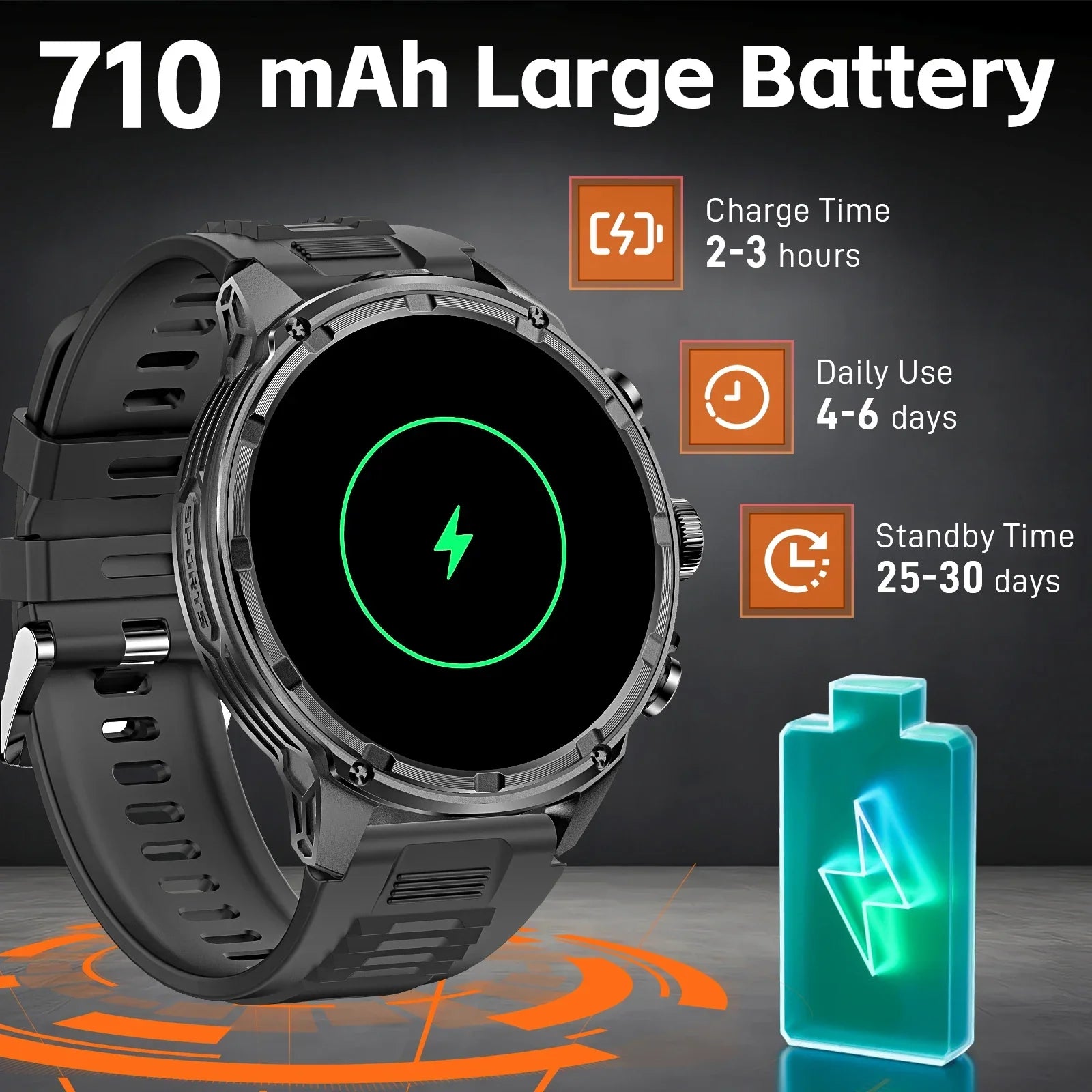 LaNikar New Military Smart Watches for Men 1.85”HD Rugged Smart Watch 710mAh Battery 100+ Sports Modes Heart Rate Sleep Monitor - Evallys.com