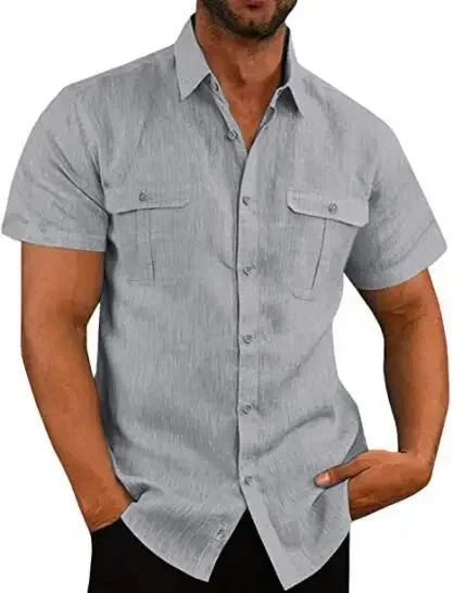 Cotton Linen Hot Sale Men Short-Sleeved Shirts Summer Solid Color Stand-Up Collar Casual Beach Style Plus SizeMale Shirts M-5XL - Evallys.com