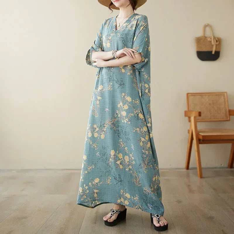 Vintage Cotton Summer Maxi Dress – Harajuku Floral Beachwear - Evallys.com