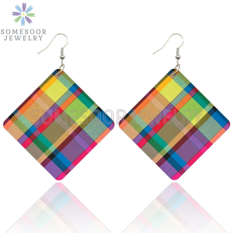 SOMESOOR Madras & Plaid Fabric Design Wooden Drop Earrings Afro Ethnic Headwrap Pattern Print Ear Dangle Jewelry For Women Gifts - Evallys.com