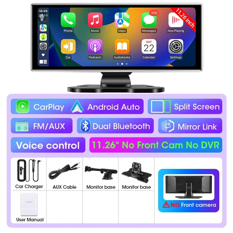 11.26 inch Car DVR 4K Dash Cam Dual Lens Wireless Carplay & Android Auto Video Recorder Monitor GPS Navigation 5G Wifi FM AUX - Evallys.com