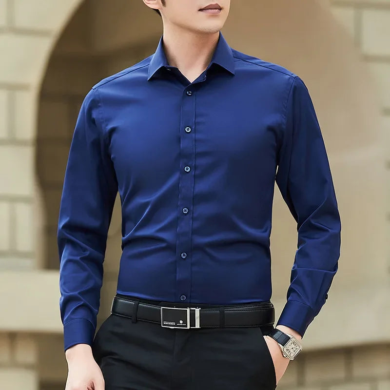 New Plus Size Men Solid Color Business Shirt Fashion Classic Basic Casual Slim White Long Sleeve Shirt Brand Clothes - Evallys.com