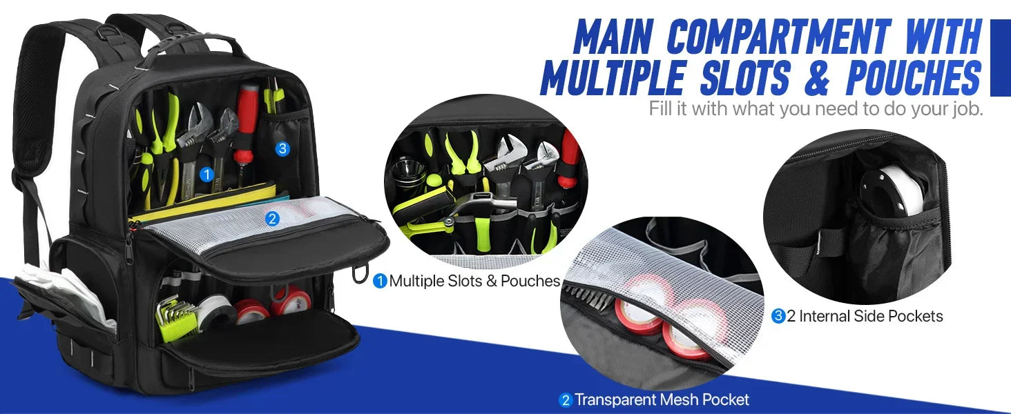 Tool Backpack Heavy Duty for Men Tool Storage With 3 Tool Pouches Organizer Electrician Plumber Maintenance Worker Tool Bags - Evallys.com