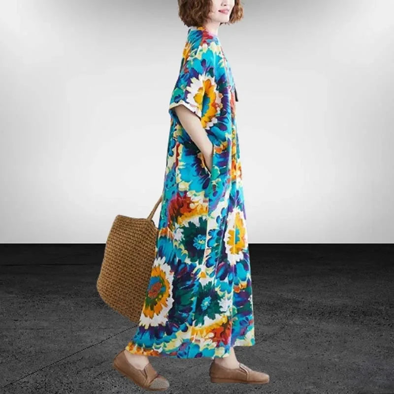 Boho Floral Maxi Dress – Cotton Linen V-Neck Summer Beach Wear - Evallys.com