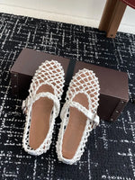 Women’s Metallic Leather Ballet Flats – Woven Mary Janes with Buckle Strap - Evallys.com