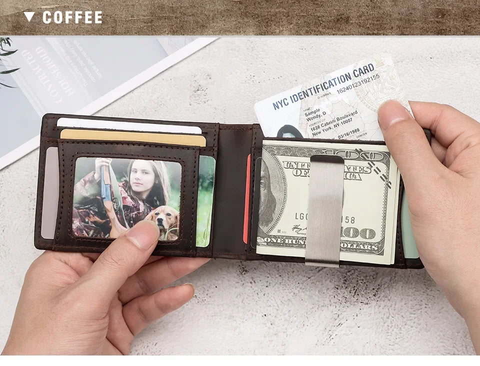 RFID Cowhide Leather Small Wallets AirTag high quality Man's Card Holders Short Wallets Money Clips Women - Evallys.com