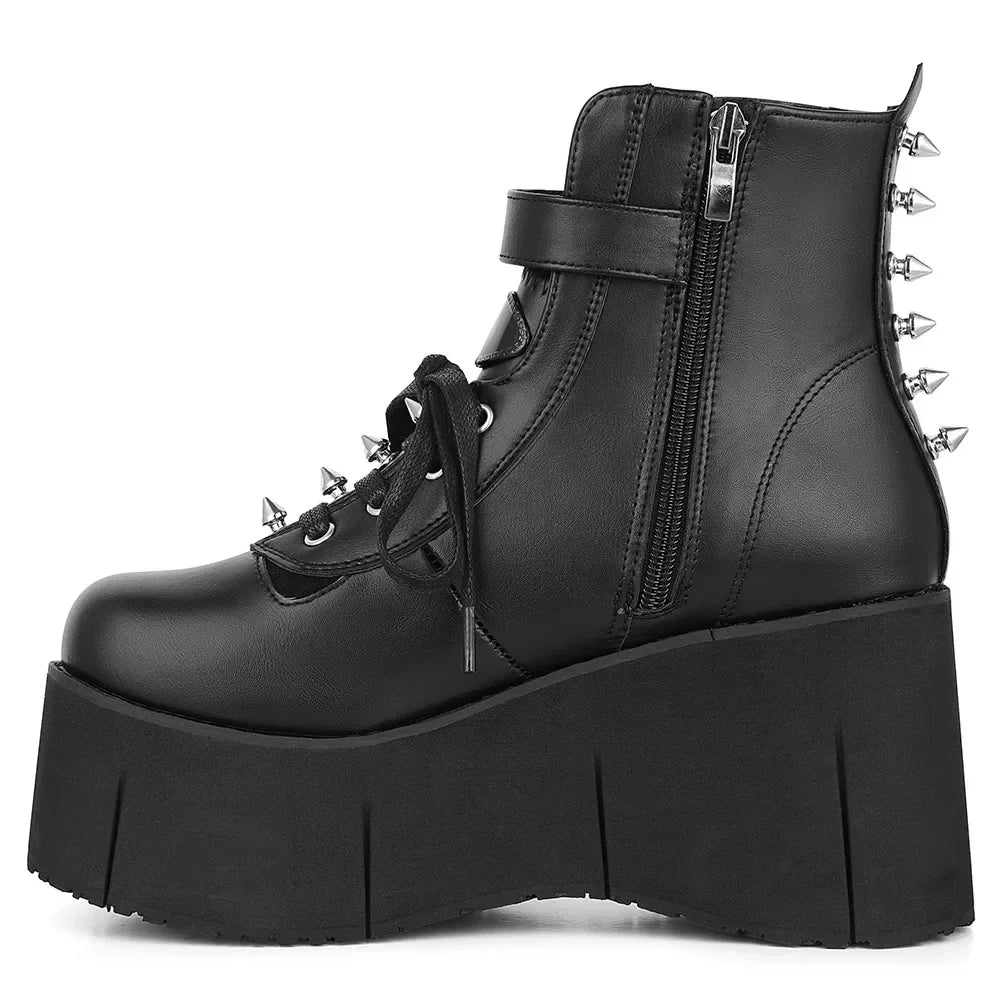 GIGIFOX Goth Punk Stylish High Platform Ankle Boots For Woman High Wedges Heel Side Zipper Round Toe Metal Rivet Punk Girl Boots - Evallys.com