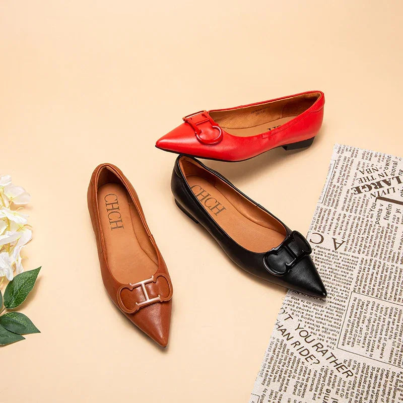 Women’s Retro Pointed Toe Flats – Classic PU Leather Office Shoes - Evallys.com