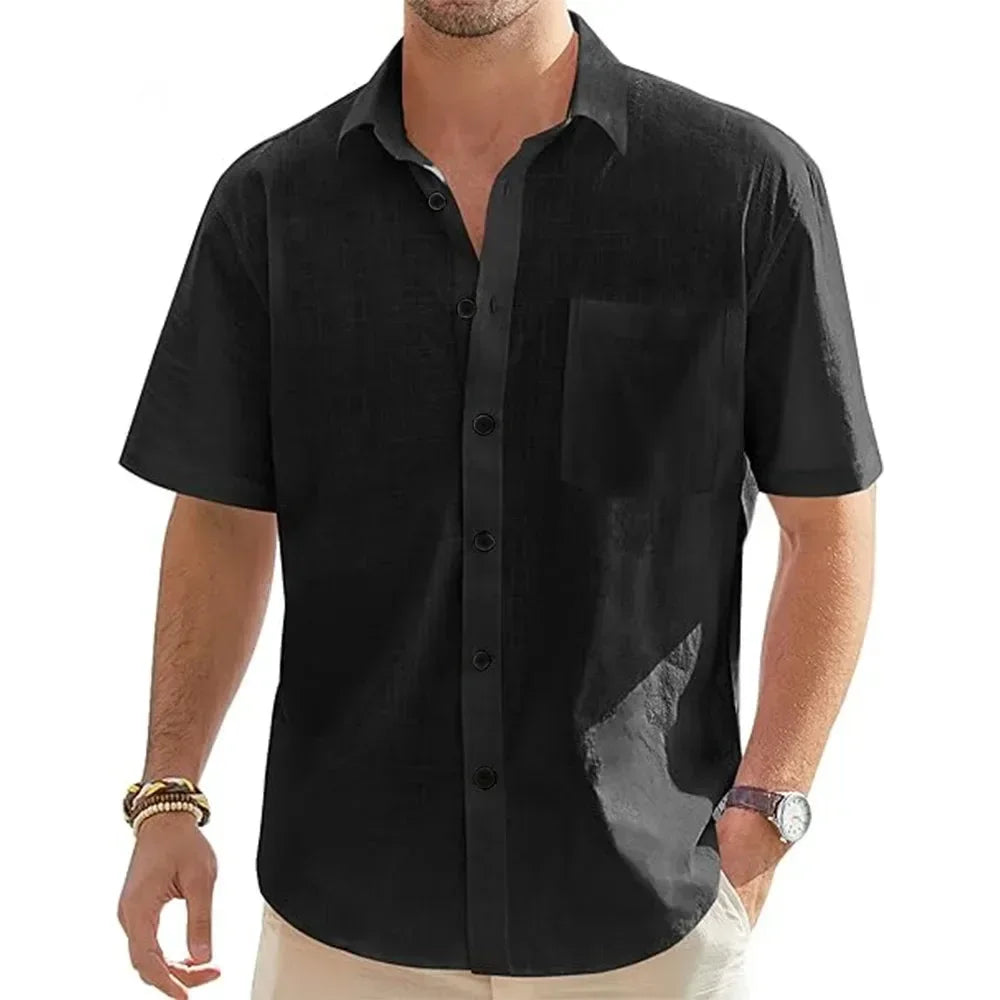Men's Solid Color Cotton Linen Short Sleeve Shirts Vacation Beach Summer Tops with Pocket Casual Lightweight Button Shirts - Evallys.com