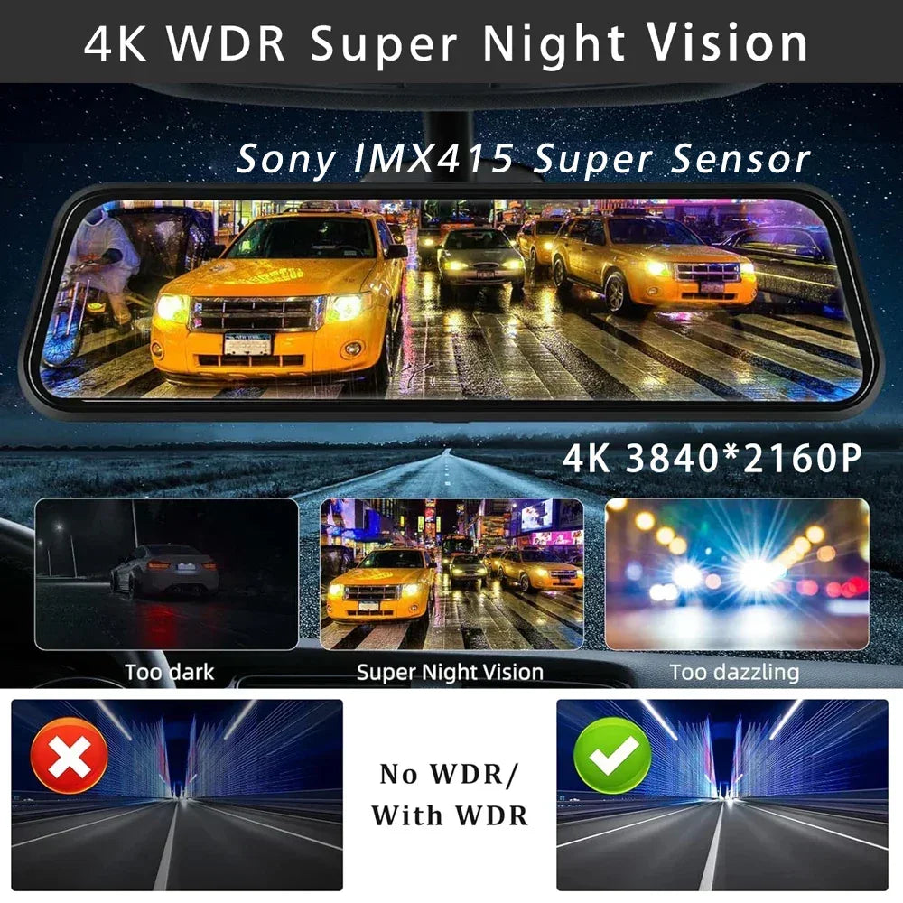 10" Dash Cam 4K 3840*2160P Car Dvr Carplay Android Auto GPS 5G WIFI AUX Stream RearView Mirror Dashcam Camera Drive Recorder FM - Evallys.com