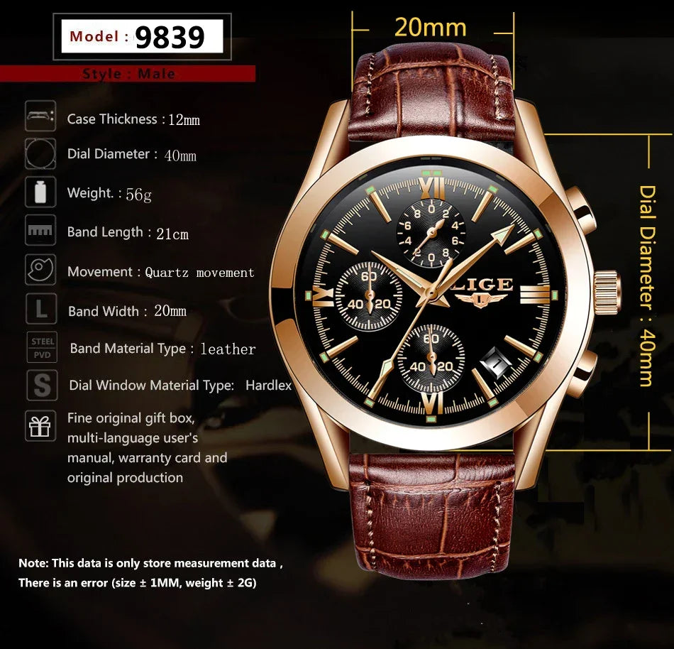 LIGE Men Watch Top Brand Luxury Waterproof Luminous Sport Wristwatch Quartz Military Genuine Leather Relogios Masculino+Box - Evallys.com