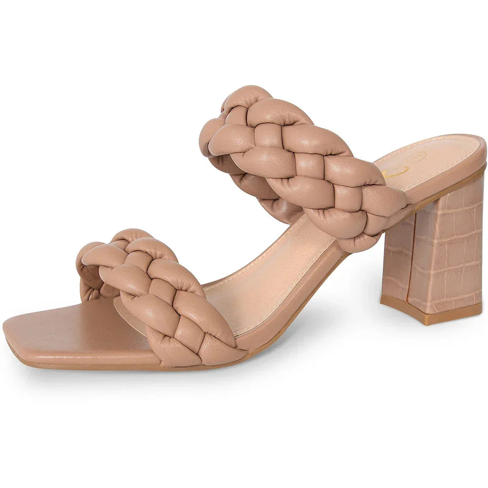 Elegant Women's Braided Heels Sandalias Fashion Strappy Square Sandals Open Toe Backless Mules Slip On Block Heeled Shoes - Evallys.com