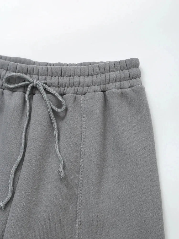 TRAF 2024 Spring Female Casual Hoodies Zipper Coats+Elastic Waist Baggy Pants 2 Pieces Set Elegant Loose Solid Pink Grey Pants - Evallys.com