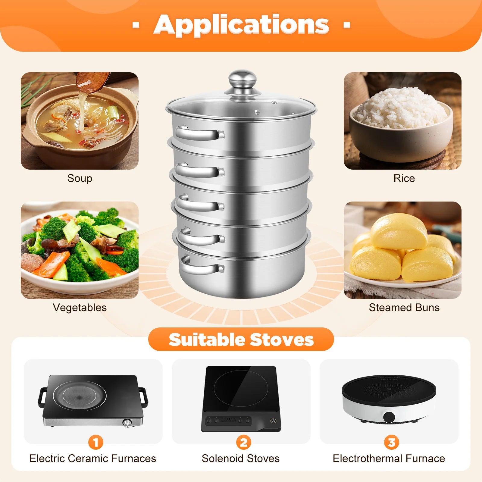 26CM 5 Tier Stainless Steel Steam Cooker Steamer Food Vegetable Pot Kitchen