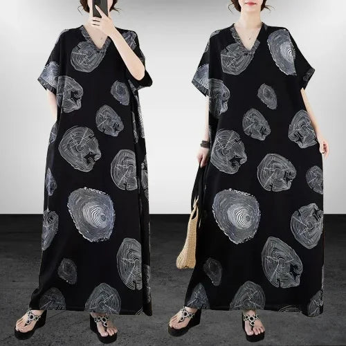Boho Floral Maxi Dress – Cotton Linen V-Neck Summer Beach Wear - Evallys.com