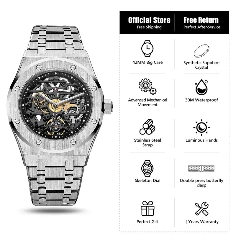 FEICE Automatic Mechanical Luxury Watch Men Stainless Steel Watches Luminous Waterproof Watch for Men Skeleton FM019 - Evallys.com