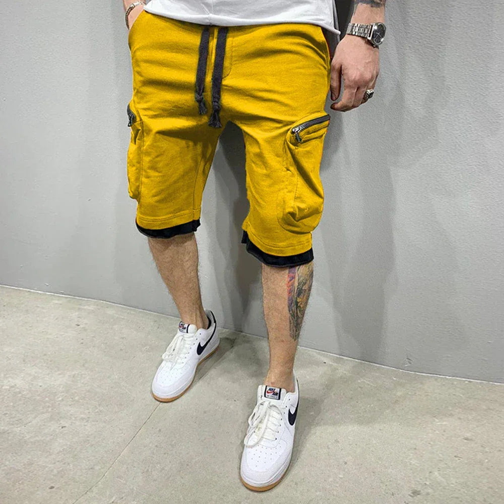 Mens Summer Cargo Shorts Cotton Workout Fitness Shorts Breathable Jogger Training Gyms Bodybuilding Multi Pocket Yellow Shorts - Evallys.com