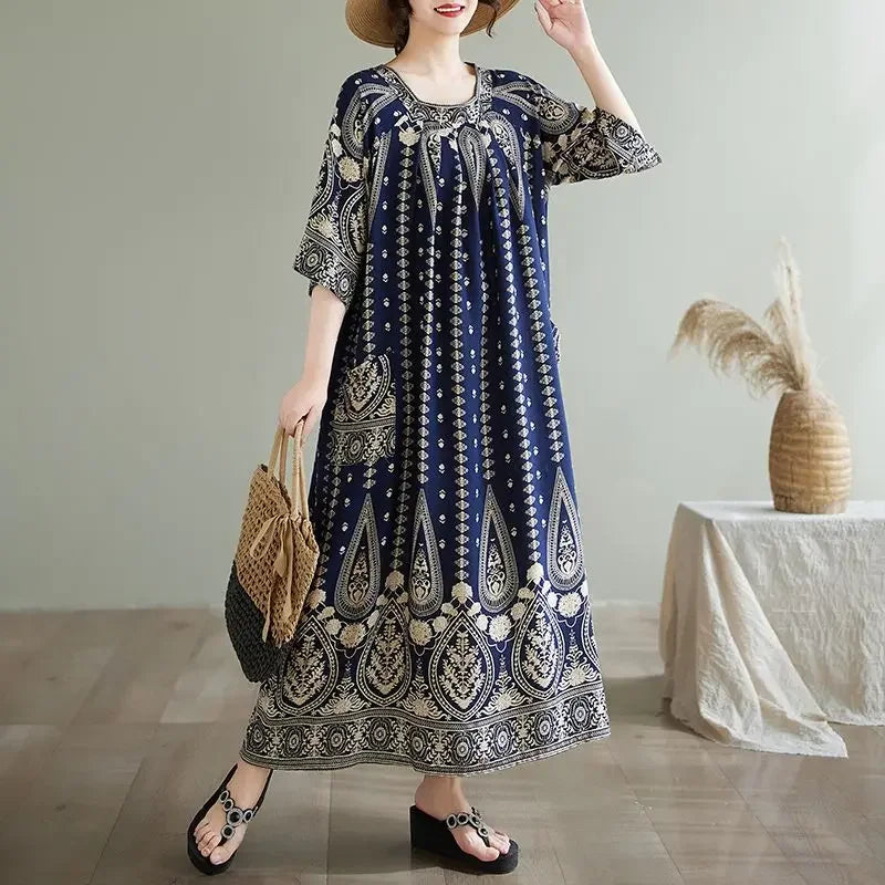 Summer Ethnic Print Dress with Pockets – Loose Mid-Calf Casual Wear - Evallys.com