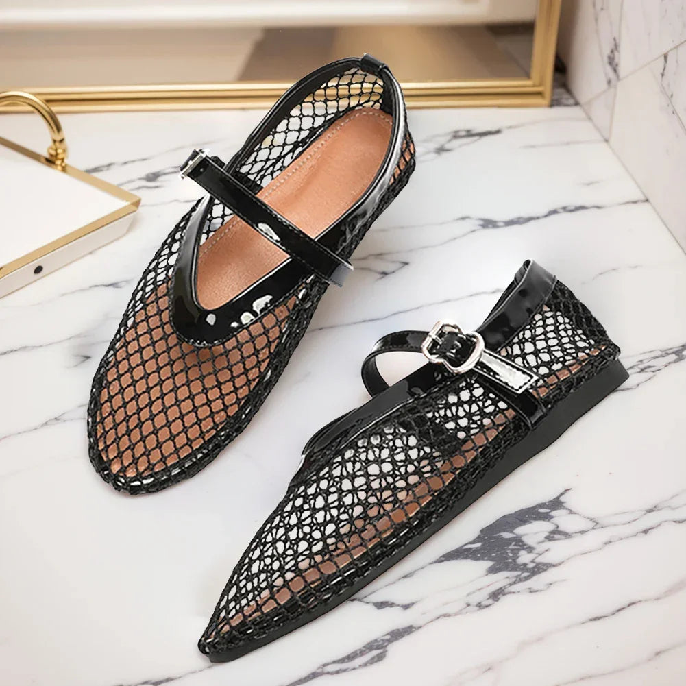 Women Mesh Ballet Flats Fishnet Ballerina Flats Comfortable Slip On Ballerina Shoes Round Toe Ballet Shoes for Outdoor Travel - Evallys.com