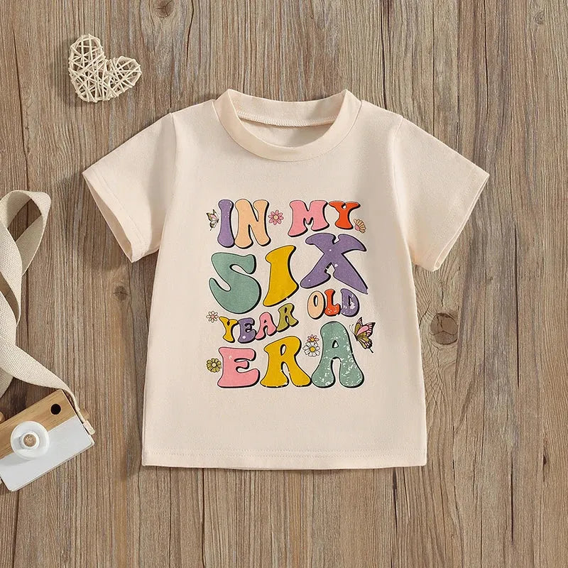 2024-04-05 Lioraitiin Summer Kids Girls Birthday T-Shirts Letter Print O-Neck Short Sleeve Birthday Shirts Casual Toddler Tops - Evallys.com