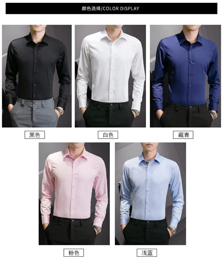 New Plus Size Men Solid Color Business Shirt Fashion Classic Basic Casual Slim White Long Sleeve Shirt Brand Clothes - Evallys.com