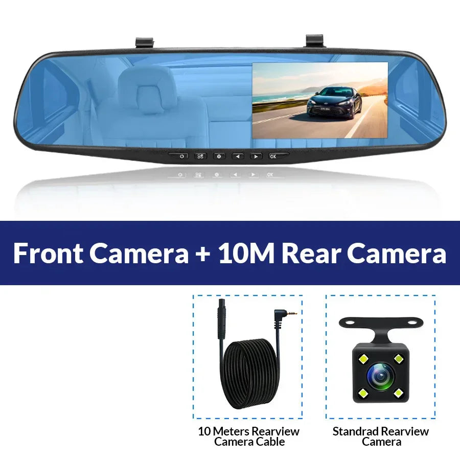 Dashcam 4.3Inch 1080P IPS Car DVR Driving Recorder Rearview Mirror Dual Lens Car Recorder Front and Rear Black Box - Evallys.com