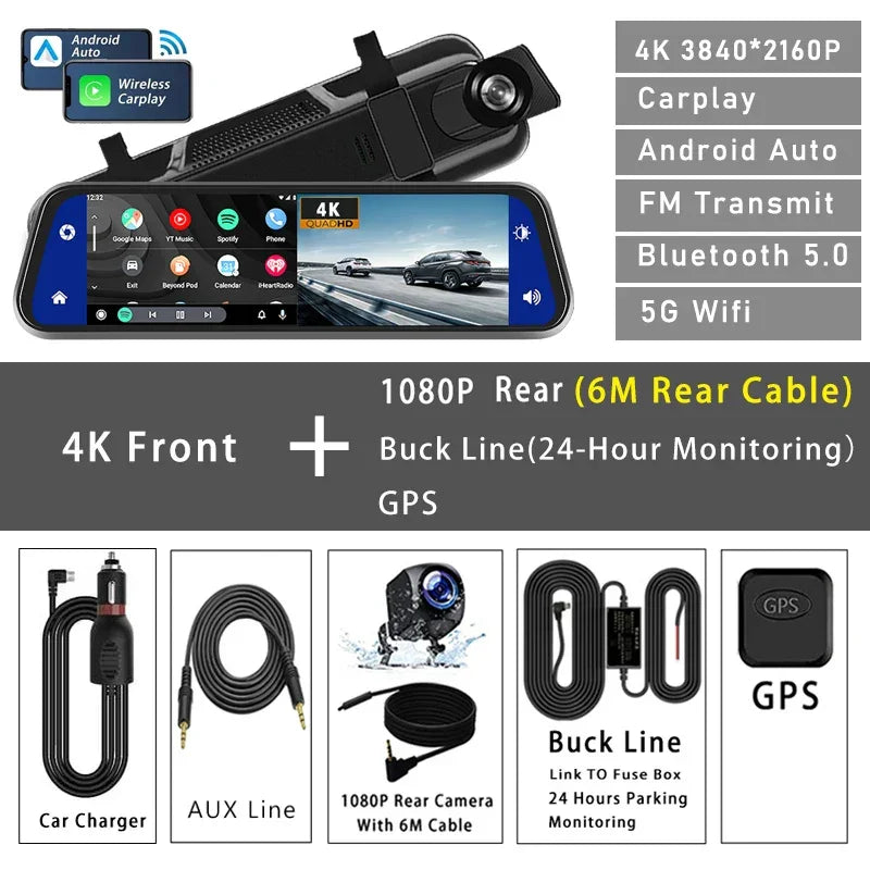 10" Dash Cam 4K 3840*2160P Car Dvr Carplay Android Auto GPS 5G WIFI AUX Stream RearView Mirror Dashcam Camera Drive Recorder FM - Evallys.com