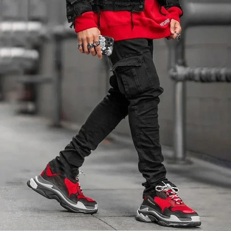 Men Street Elastic Denim Jeans Wash Solid Color Multi Pockets Cargo Pants Casual Slim Fit Daily Wear Joggers Mid Waist Trousers - Evallys.com