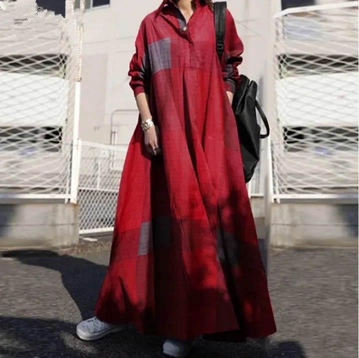 Vintage Cotton Linen Shirt Dress Women’s Autumn Long Maxi Robe - Evallys.com