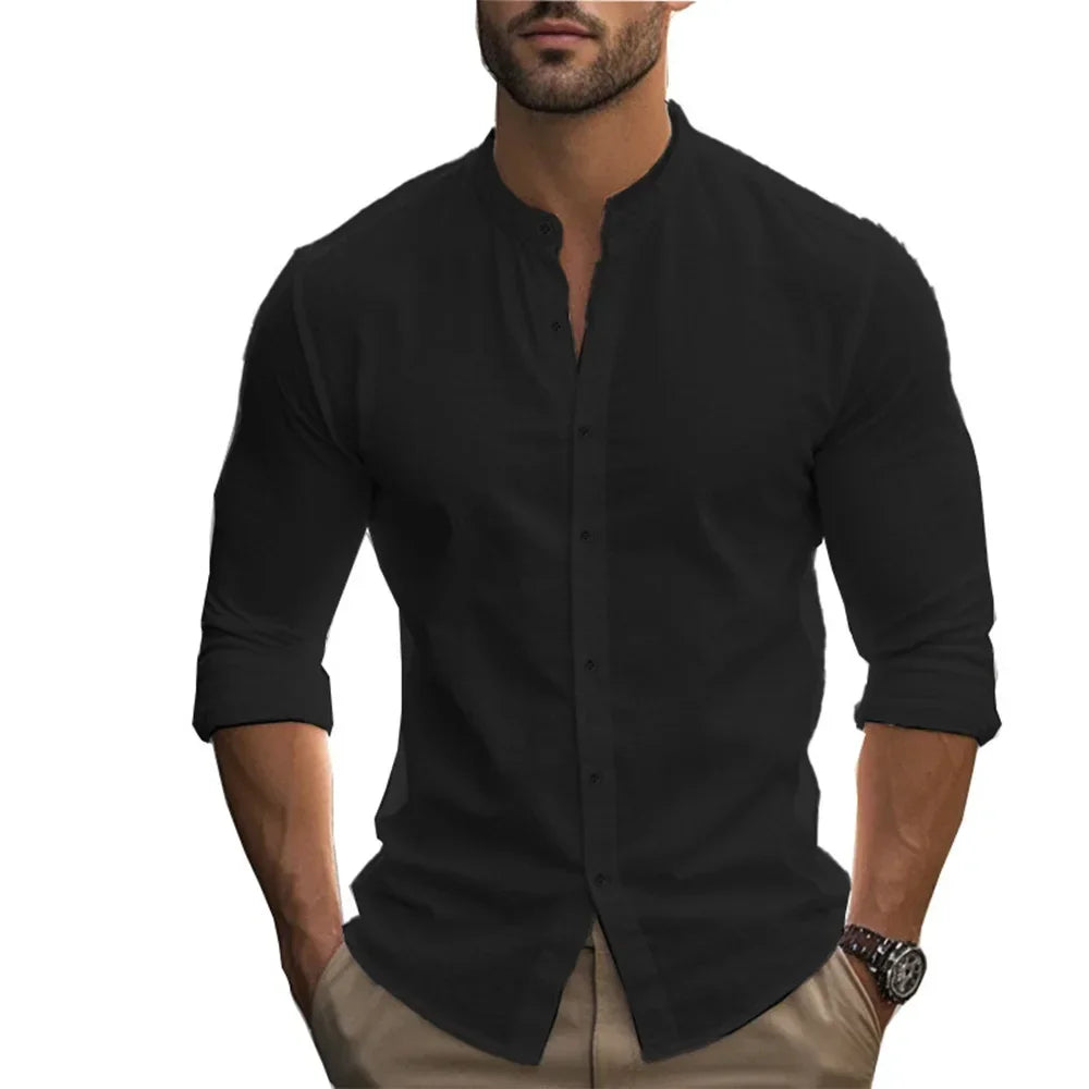 Men's Henry Shirts Cotton Linen Slim Fit Causal Hawaiian Solid Color Basic Style Spring Summer Breathable Men Clothing - Evallys.com