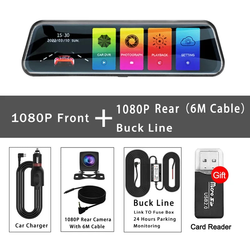 10 Inch Mirror Camera for Car Touch Screen Video Recorder Rearview mirror Dash Cam Front and Rear Camera Mirror DVR Black Box - Evallys.com