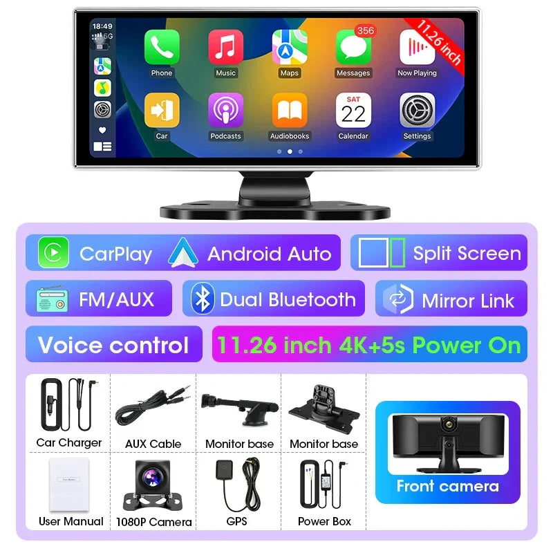 11.26 inch Car DVR 4K Dash Cam Dual Lens Wireless Carplay & Android Auto Video Recorder Monitor GPS Navigation 5G Wifi FM AUX - Evallys.com