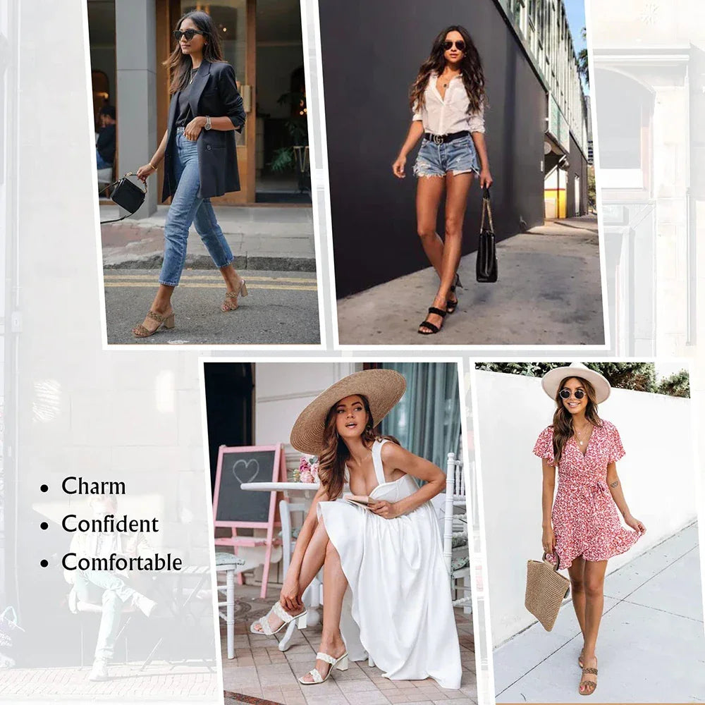 Elegant Women's Braided Heels Sandalias Fashion Strappy Square Sandals Open Toe Backless Mules Slip On Block Heeled Shoes - Evallys.com